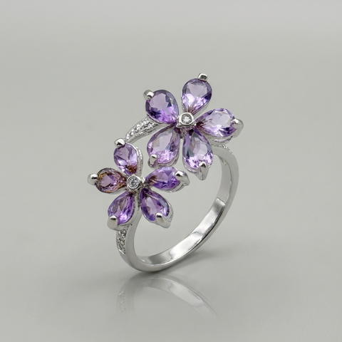 Anel flores com zircônia e ametista