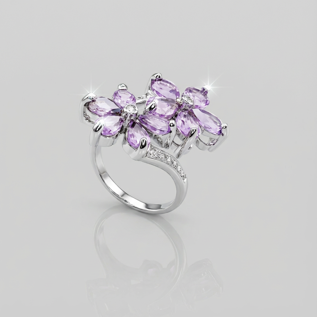 Anel flores com zircônia e ametista