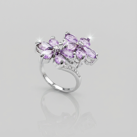 Anel flores com zircônia e ametista