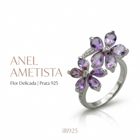 Anel flores com zircônia e ametista