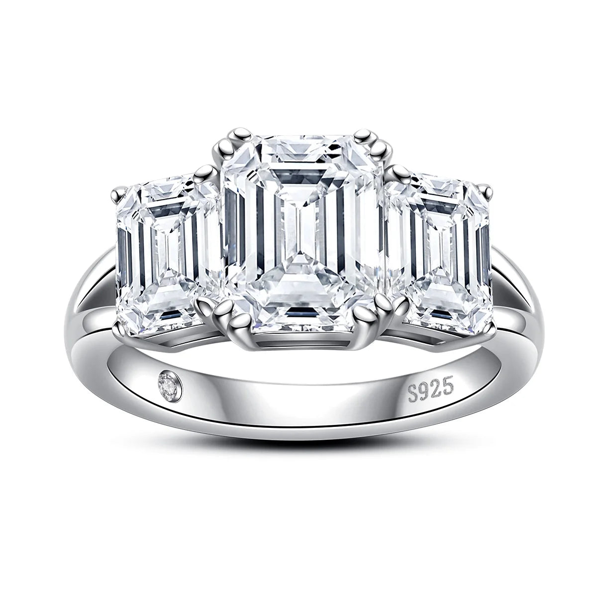 Anel 3 pedras em prata .925 e 5 ct esmeralda moissanite