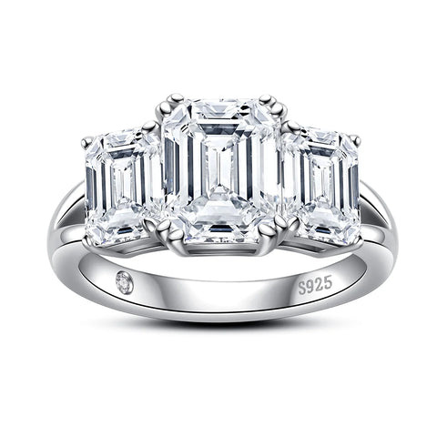 Anel 3 pedras em prata .925 e 5 ct esmeralda moissanite